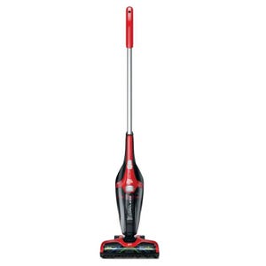 Dirt Devil Cordless Stick Vacuum, red and black, with a slim, lightweight design. Features a handle and brush roll suitable for quick cleaning on various floor types.