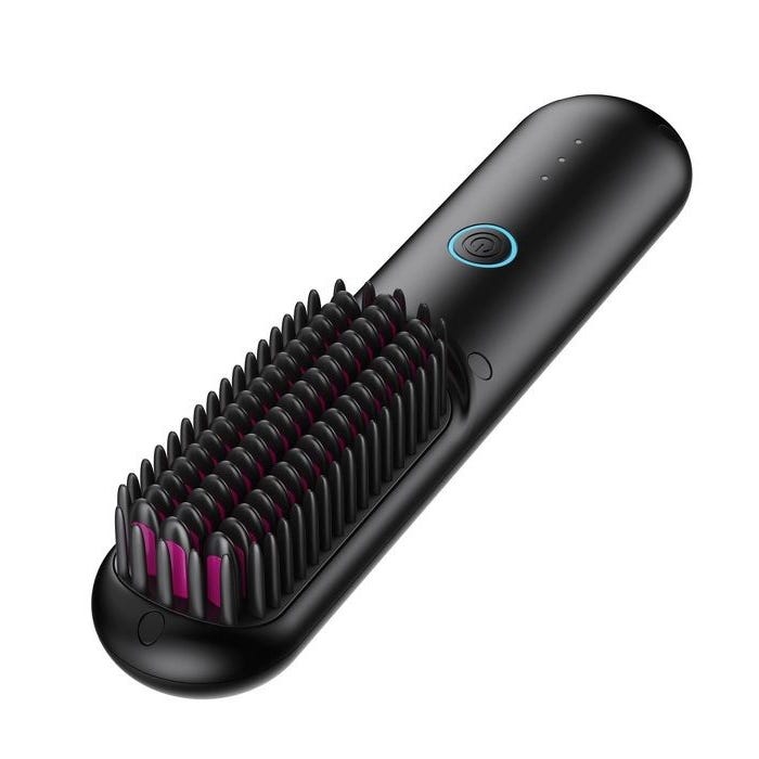 A black electric hair straightening brush with a power button and LED indicators, featuring black bristles with pink accents.