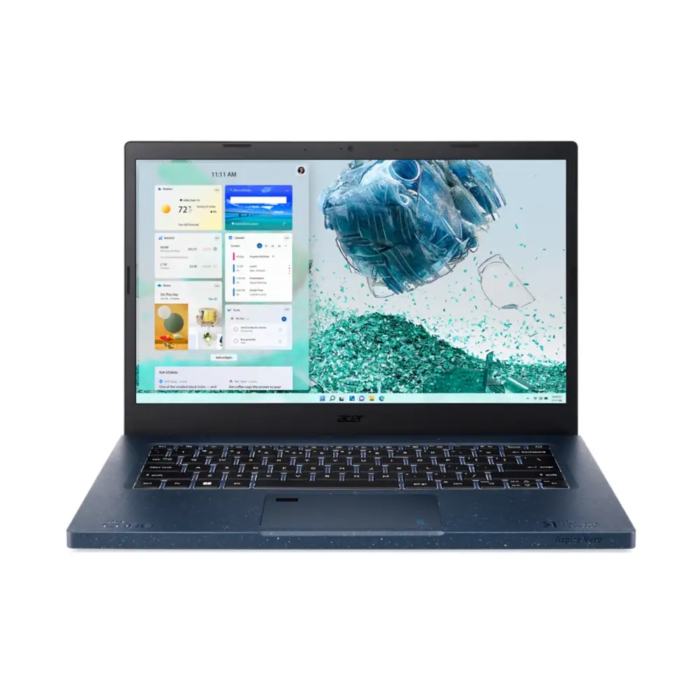 Acer Aspire Vero 14 is a laptop with a focus on sustainability, featuring a speckled blue design. It runs Windows and emphasizes eco-friendly materials, evident from its distinct aesthetic and informational widgets displayed on the screen.
