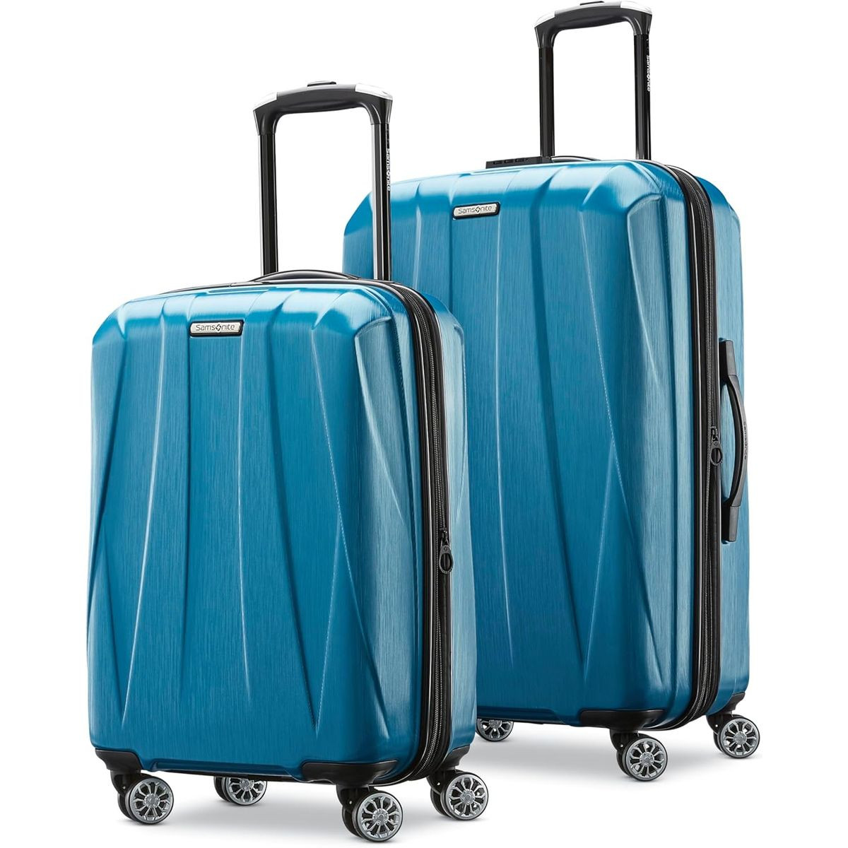 Two blue hard-shell suitcases with four spinner wheels and telescopic handles.