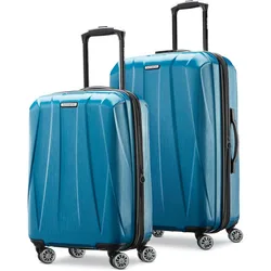 Two blue hard-shell suitcases with four spinner wheels and telescopic handles.