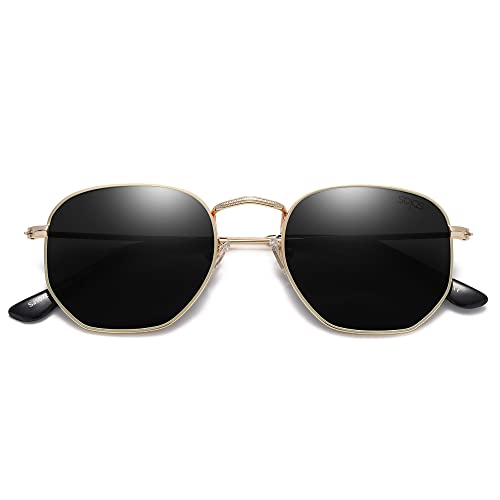 Hexagonal sunglasses with black lenses and a gold frame.