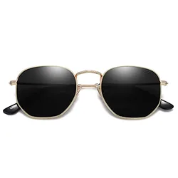 Hexagonal sunglasses with black lenses and a gold frame.