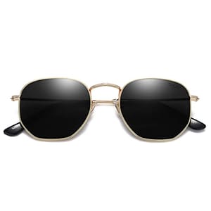 Hexagonal sunglasses with black lenses and a gold frame.