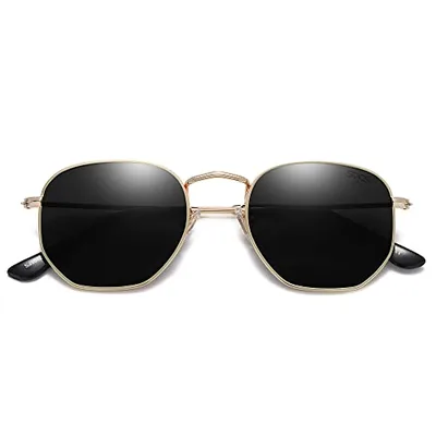 Hexagonal sunglasses with black lenses and a gold frame.