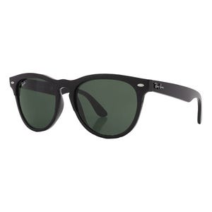 A pair of black Ray-Ban Wayfarer sunglasses with green lenses.
