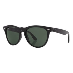 A pair of black Ray-Ban Wayfarer sunglasses with green lenses.