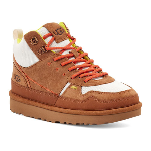 A pair of UGG high-top sneakers with brown suede, white panels, bright orange laces, and a thick sole.