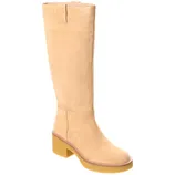 A tan suede knee-high boot with a block heel and pull-on tab at the top, featuring a rubber sole and stitching detail around the base.