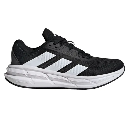 Adidas Questar 3 Running Shoes feature a sleek design with a black upper, white stripes, and a durable Cloudfoam midsole for cushion. They offer lightweight support and a modern look for runners.