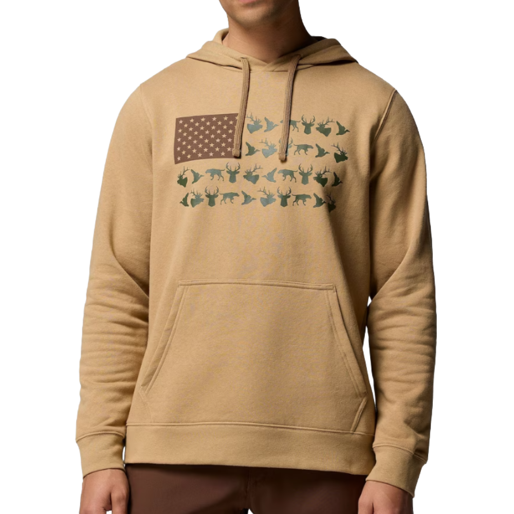Tan hoodie featuring an American flag design composed of stars and various wildlife silhouettes, including deer and ducks, with a kangaroo pocket and adjustable drawstring hood.