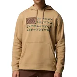 Tan hoodie featuring an American flag design composed of stars and various wildlife silhouettes, including deer and ducks, with a kangaroo pocket and adjustable drawstring hood.