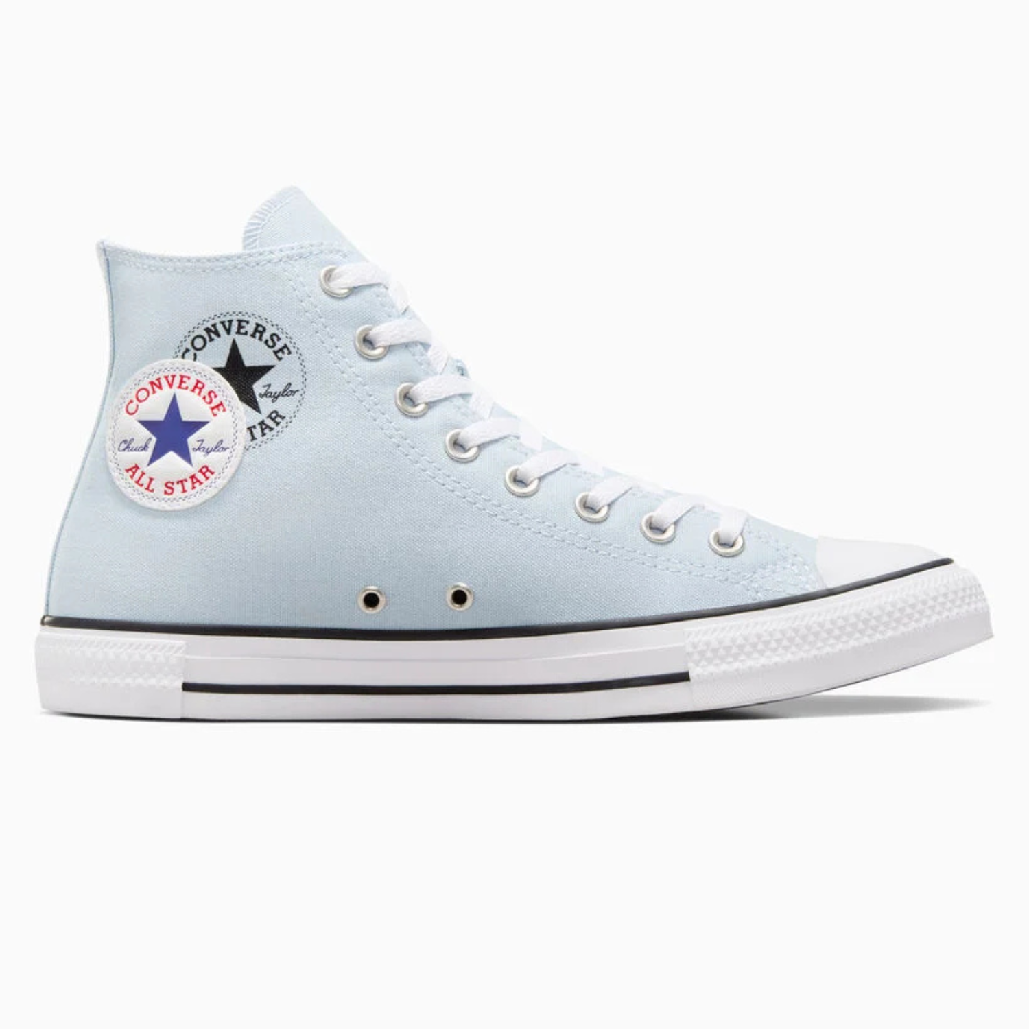 A pair of high-top Converse All Star shoes in light blue, featuring white laces, toe cap, and sole with a round, branded ankle patch.