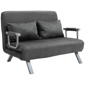 A compact, dark gray convertible sofa chair with two cushions features cushioned armrests and metal frame legs.