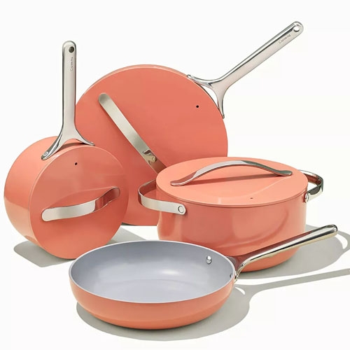 a coral-colored set of pans