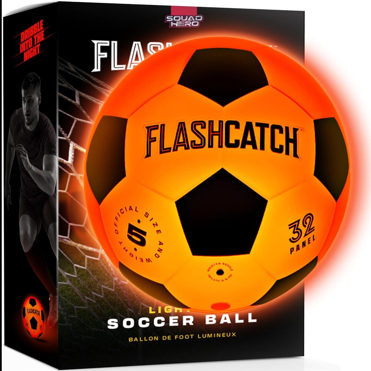 The FlashCatch Light-Up Soccer Ball is an official size 5, 32-panel ball with a bright orange glow for night play, featuring phrases like \“Dribble into the night\“ on the packaging.