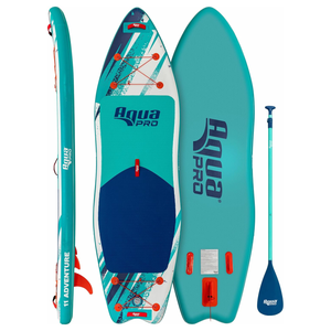 Aqua Pro 10.5' Adventure Stand-Up Paddleboard features a turquoise and blue design with orange accents, bungee cords for storage, and comes with a matching adjustable paddle.
