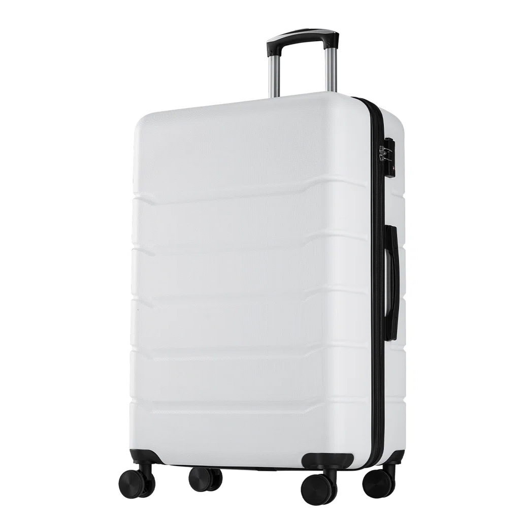 A white carry-on spinner suitcase with four wheels and a telescopic handle, featuring a hard shell design and horizontal ridges, suitable for lightweight travel.