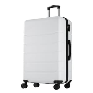 A white carry-on spinner suitcase with four wheels and a telescopic handle, featuring a hard shell design and horizontal ridges, suitable for lightweight travel.