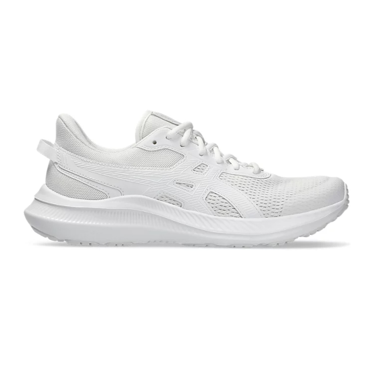 A white athletic shoe with a mesh upper and a textured rubber sole, featuring a subtle pattern and lace-up closure.