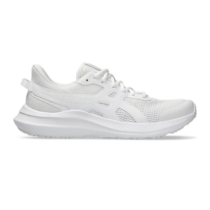 A white athletic shoe with a mesh upper and a textured rubber sole, featuring a subtle pattern and lace-up closure.