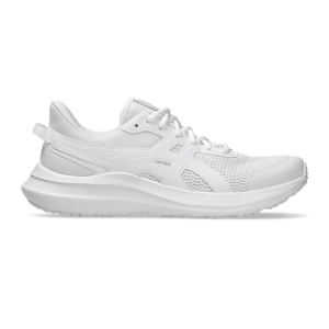 A white athletic shoe with a mesh upper and a textured rubber sole, featuring a subtle pattern and lace-up closure.