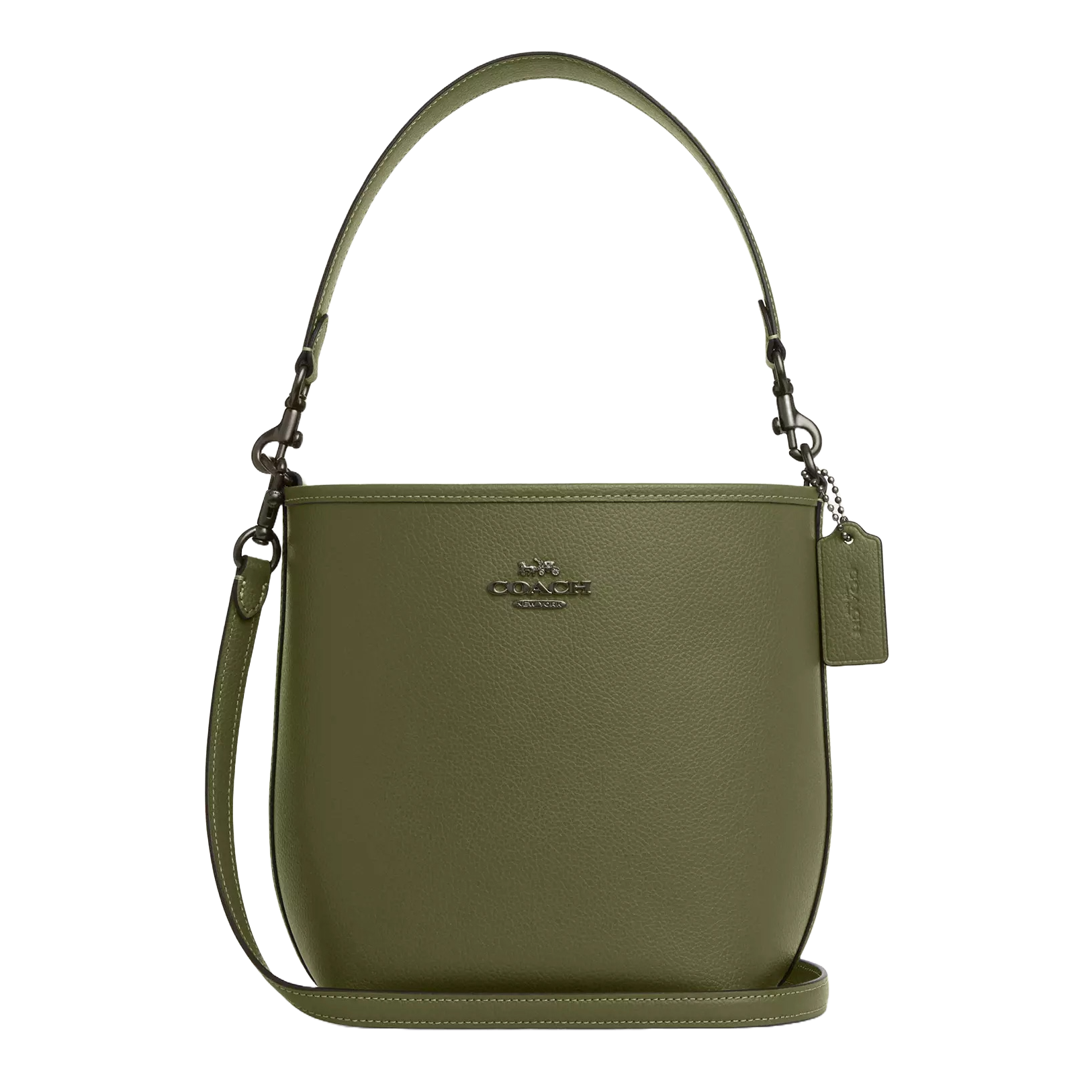 Olive green Coach City Bucket Bag with a textured leather finish, featuring a top handle, detachable shoulder strap, metal logo on the front, and a matching leather tag.