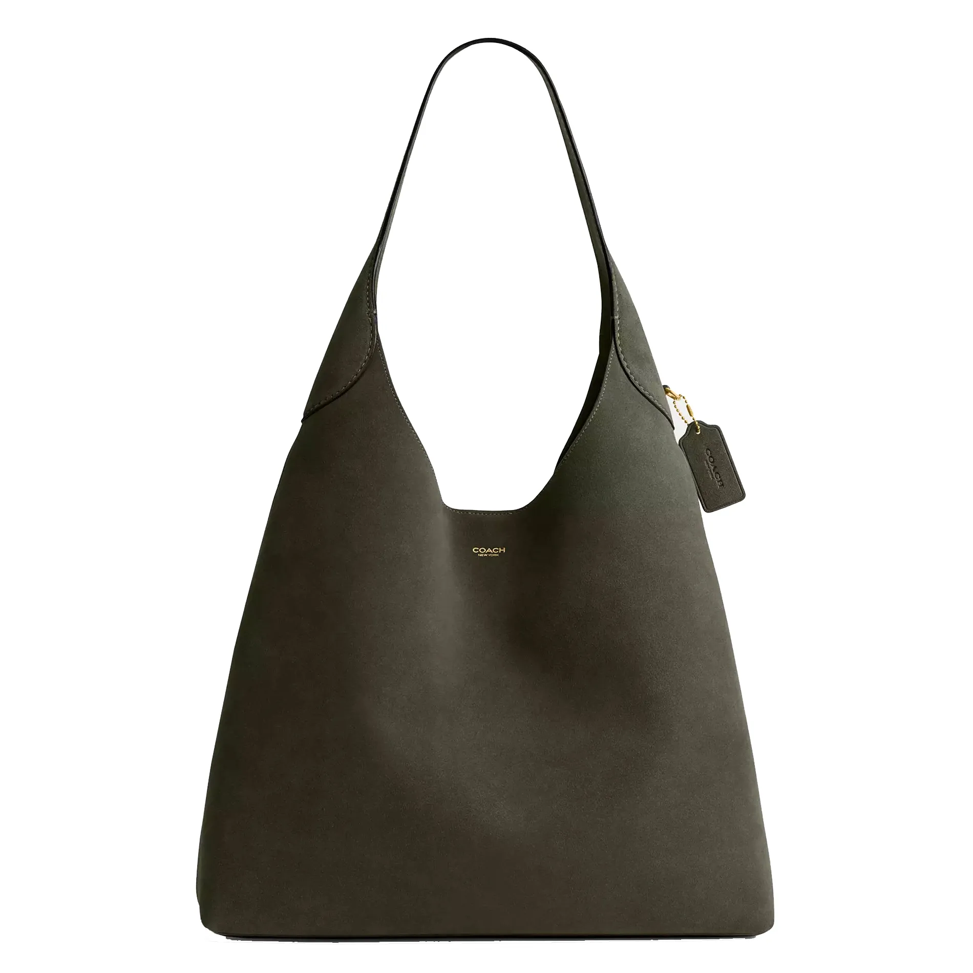 A dark green Coach leather hobo handbag featuring a minimalist design, gold-tone branding, and a matching leather tag with a gold attachment.