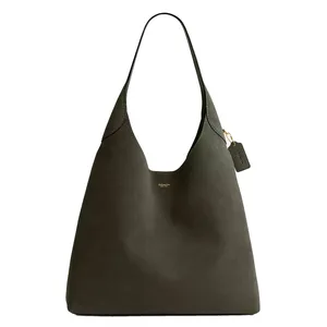 A dark green Coach leather hobo handbag featuring a minimalist design, gold-tone branding, and a matching leather tag with a gold attachment.