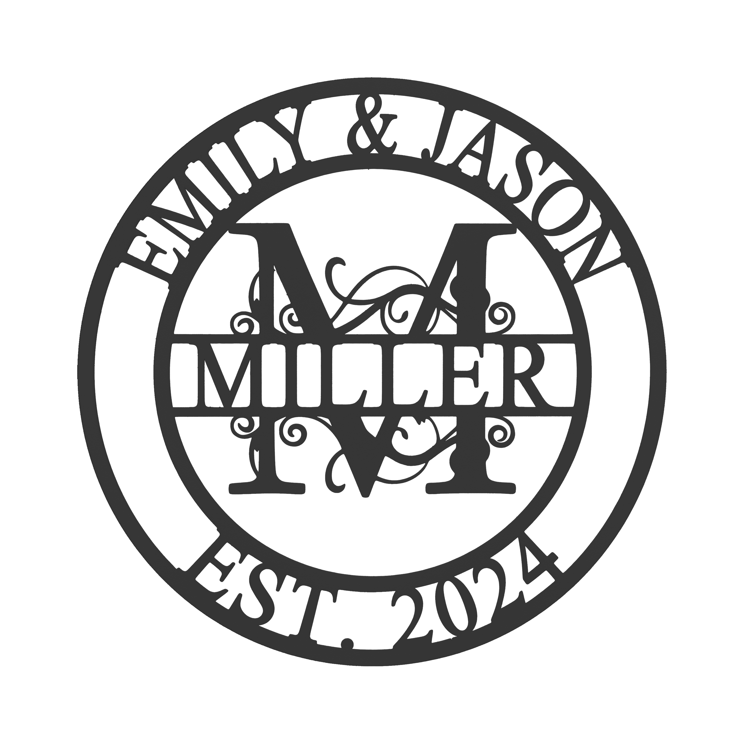 A circular metal sign featuring the names Emily and Jason, with the letter \“M\“ in the center above the name \“MILLER\“ and the text \“EST. 2024\“.