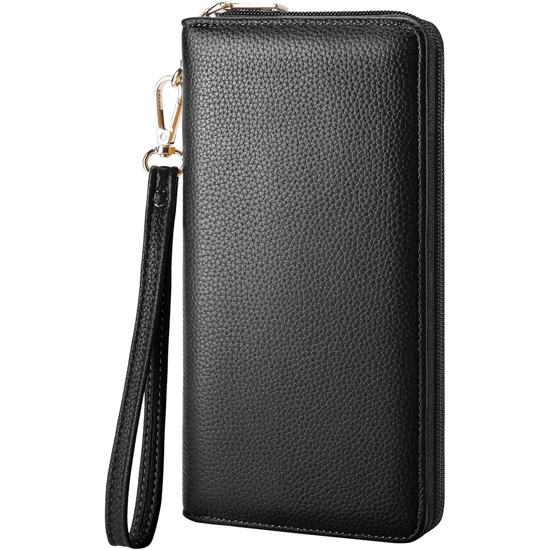 Black textured leather wallet with a zip-around closure and detachable wrist strap featuring a gold-tone clasp.