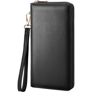 Black textured leather wallet with a zip-around closure and detachable wrist strap featuring a gold-tone clasp.