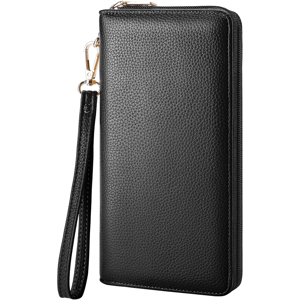 Black textured leather wallet with a zip-around closure and detachable wrist strap featuring a gold-tone clasp.