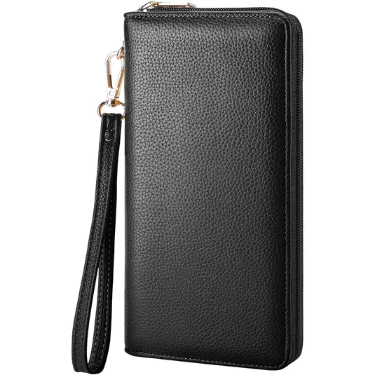 Black textured leather wallet with a zip-around closure and detachable wrist strap featuring a gold-tone clasp.