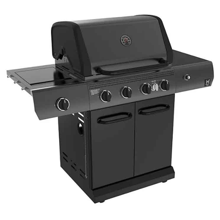 Member's Mark 5-Burner Propane Gas Grill features five main burners, a side burner, a durable black exterior, an integrated thermometer, and storage cabinets, designed for versatile outdoor cooking.