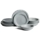 A set of gray melamine dinnerware includes plates and bowls, featuring a minimalist design.