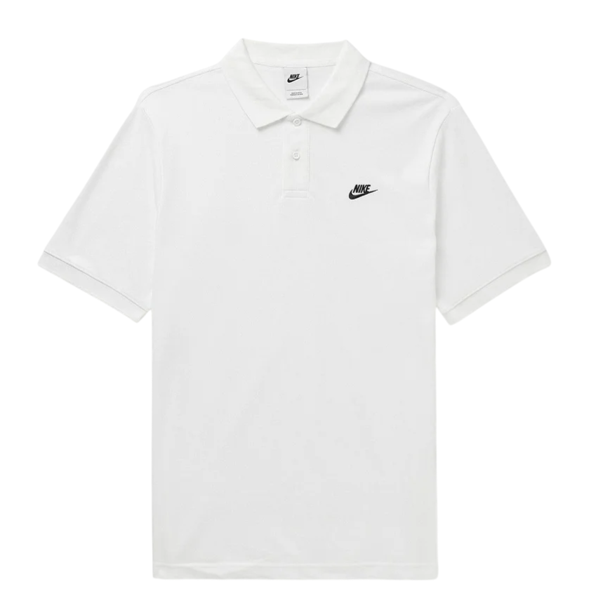 White Nike polo shirt with a black logo on the left chest.