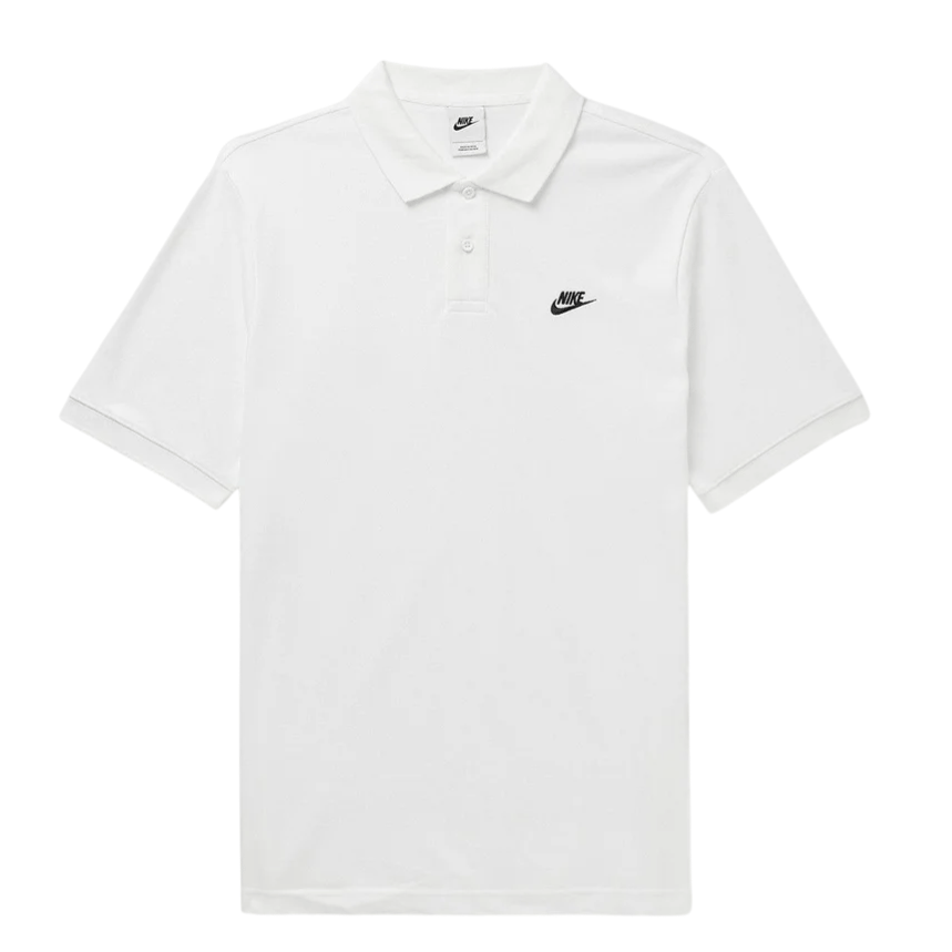 White Nike polo shirt with a black logo on the left chest.
