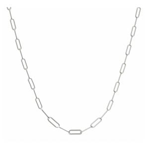 A silver chain necklace featuring elongated, rectangular links evenly spaced along the chain.