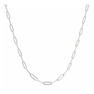 A silver chain necklace featuring elongated, rectangular links evenly spaced along the chain.