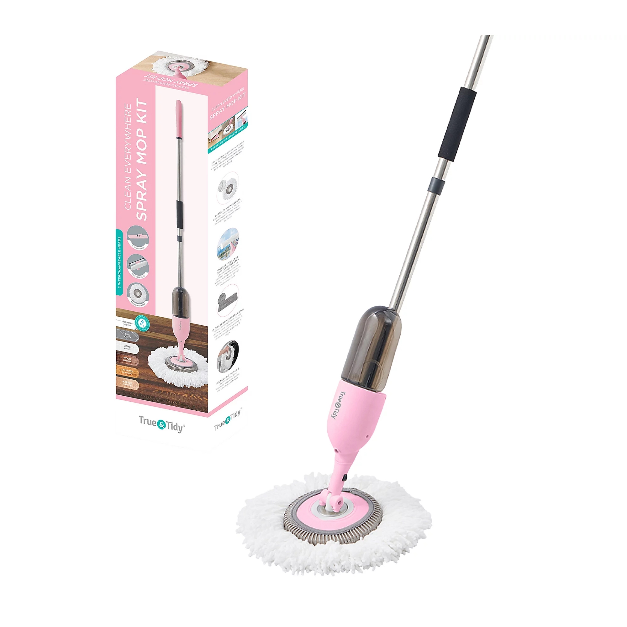 Spray mop kit with a pink handle, gray spray bottle attachment, and round microfiber mop head. Suitable for various hard floor surfaces. Packaging features the mop and highlights its functionalities.
