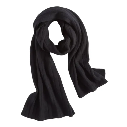 A black, ribbed scarf with a soft texture.
