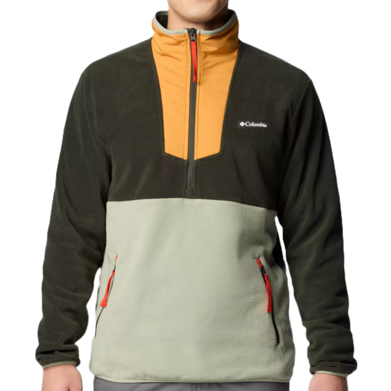 Columbia Sequoia Grove Jacket features a quarter-zip design with a color block style including dark green, light green, and orange. It has zippered pockets, a funnel neck, and the Columbia logo on the chest.