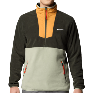 Columbia Sequoia Grove Jacket features a quarter-zip design with a color block style including dark green, light green, and orange. It has zippered pockets, a funnel neck, and the Columbia logo on the chest.