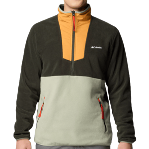 Columbia Sequoia Grove Jacket features a quarter-zip design with a color block style including dark green, light green, and orange. It has zippered pockets, a funnel neck, and the Columbia logo on the chest.