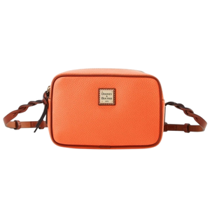 An orange crossbody bag with a pebbled texture, featuring the Dooney & Bourke logo on the front and braided brown straps.