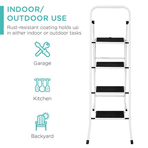 A four-step ladder with a rust-resistant coating suitable for indoor and outdoor use, recommended for garage, kitchen, and backyard tasks.