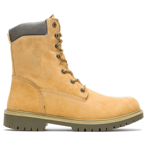 A tan leather work boot with a padded ankle collar, lace-up front, and rugged rubber sole for durability.