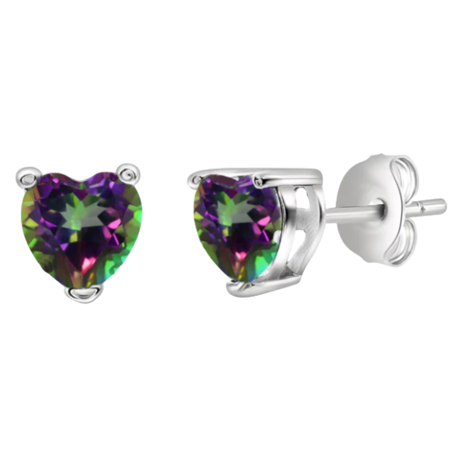 Heart-shaped mystic topaz earrings feature iridescent gemstones set in silver prong settings with butterfly backings, showcasing a vibrant blend of purple, green, and pink hues.