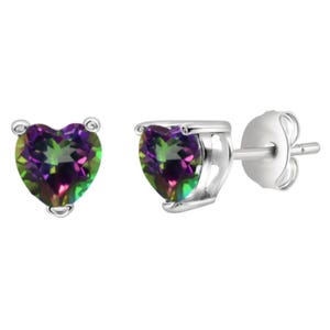 Heart-shaped mystic topaz earrings feature iridescent gemstones set in silver prong settings with butterfly backings, showcasing a vibrant blend of purple, green, and pink hues.